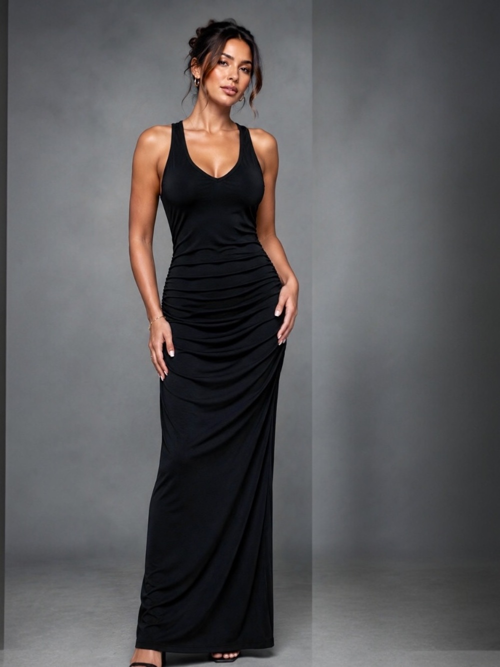 James Perse Women’s M Black Side Ruched Maxi Dress Racerback Fitted Stretch NWT